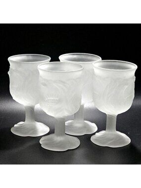 4 Avon Floral Frosted Glass Goblet 6" iced drink vintage1980s embossed textured